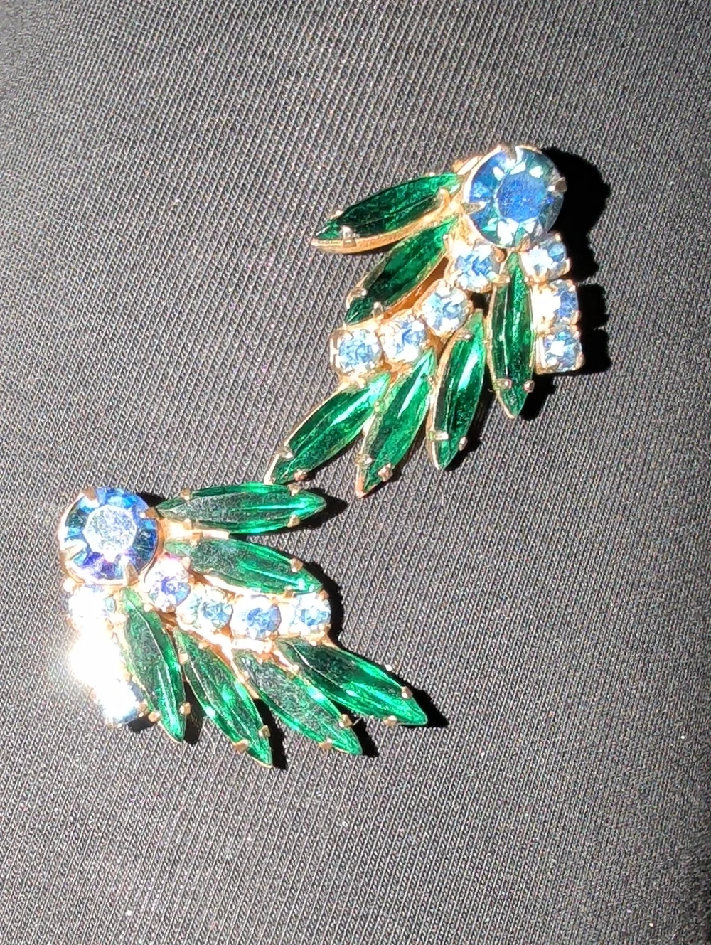 1960s Unsigned Beau Jewels Green and Blue Crystal Leaf Drop Earrings